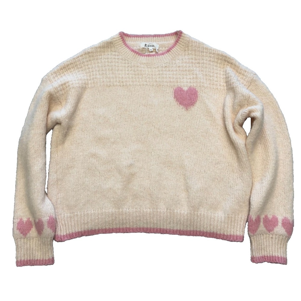 NWT Kilky Heart Sweater Womens L Cream Pink Wool Blend Cute Cozy Fall Knitwear